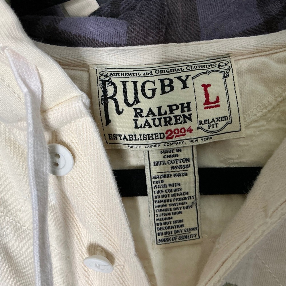 Rugby Ralph Lauren Crest Hoodie Shirt L Ivory Cotton Henley Preppy Vintage - Picture 3 of 7